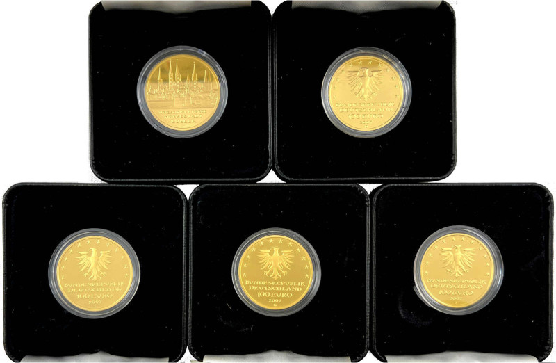 5 X 100 Euro: 2007 A,D,F,G,J, komplette Serie Lübeck. Je 1/2 Unze Feingold. In O...