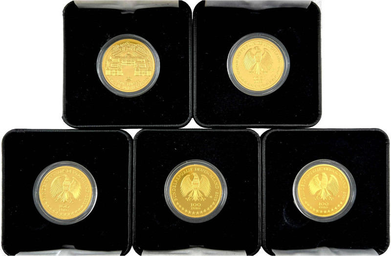 5 X 100 Euro: 2010 A,D,F,G,J, komplette Serie Würzburg. Je 1/2 Unze Feingold. In...