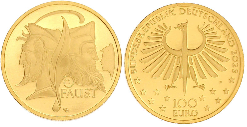 100 Euro 2023 F, Faust. 1/2 Unze Feingold. In Originalschatulle mit Zertifikat. ...