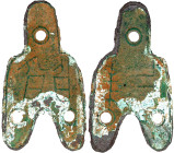 Dreiloch-Spatengeld zu 12 Zhu ca. 300/250 v.Chr. Staat Zhao oder Zhong Shan. 30 X 53 mm. Chin. Zeichen "Lin". 8,38 g. schön, korrodiert, äußerst selte...