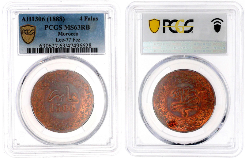 4 Fulus (Falus) AH 1306 = 1888. Im PCGS-Blister mit Grading MS 63 RB (Top Pop, d...