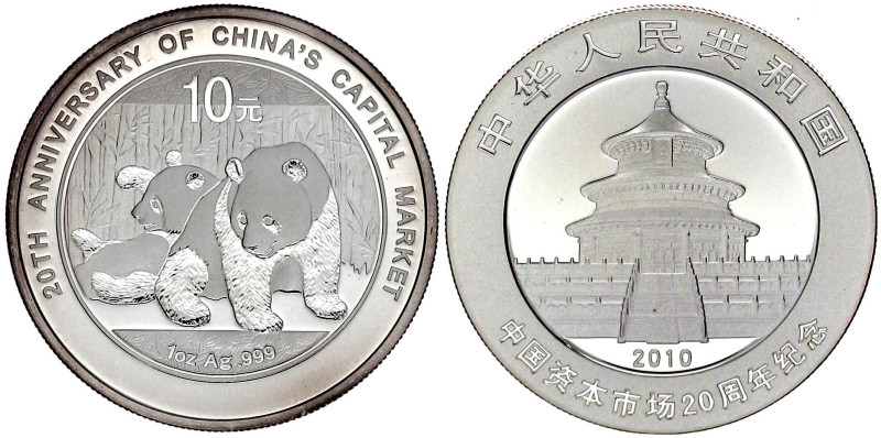 10 Yuan Panda Silber (1 Unze) 2010. Zwei Pandas beim Spielen. Mit Gedenkinschrif...