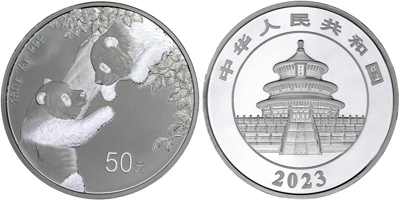 50 Yuan 150 g. Silbermünze 2023. Zwei Pandas. 999/1000 Silber. In original Holzs...