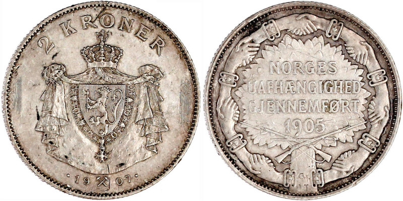 2 Kroner 1907. Norwegens Unabhängigkeit, mit gekreuzten Gewehren. sehr schön, Br...