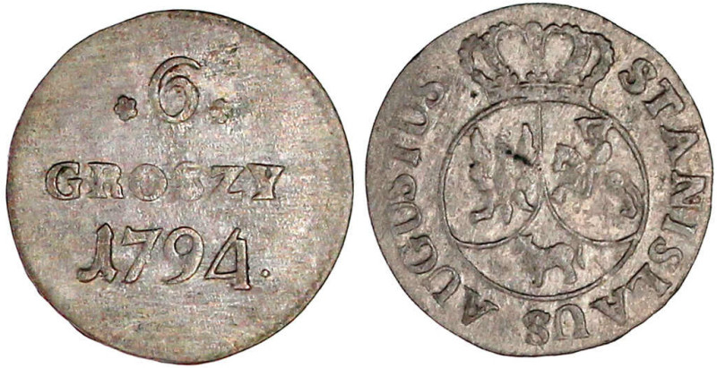 6 Groszy 1794. gutes vorzüglich, selten in dieser Erhaltung. Gumowski 2354.