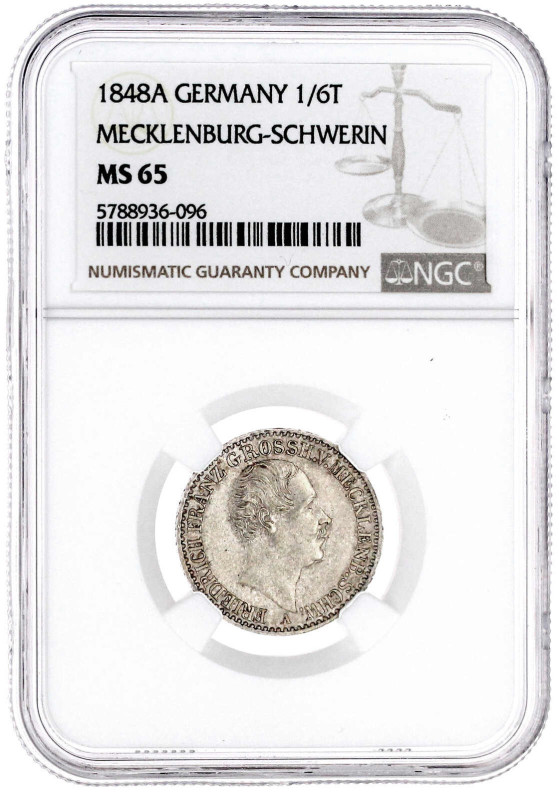 1/6 Taler 1848 A. Im NGC-Blister mit MS 65 (Top Pop, das beste gegradete Ex.). f...