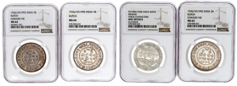 4 NGC-geslabbte Silbermünzen: Kutch 5 Kori VS 1990 = 1934 (MS 64), VS 1992 = 193...