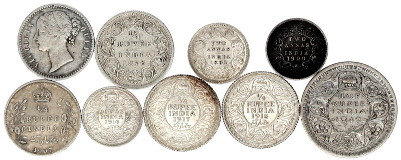 9 Münzen: 2 Annas 1891, 1900, 1916, 1/4 Rupee 1840, 1876, 1907, 1917, 1918, 1/2 ...