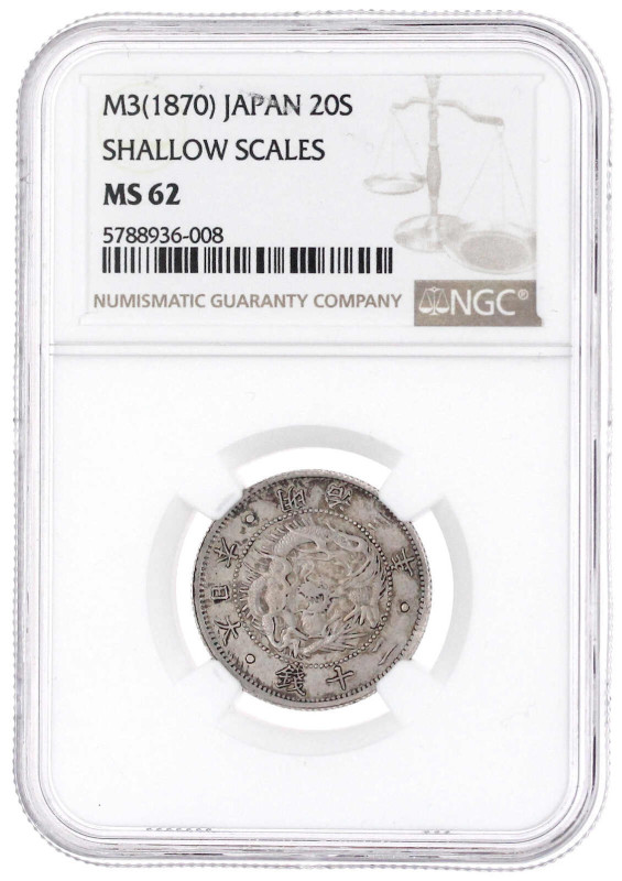 20 Sen Jahr 3 = 1870. Shallow scales. NGC Grading MS 62. Yeoman 3.