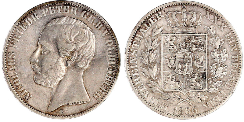 Vereinstaler 1866 B. sehr schön. Jaeger 55. Thun 241. AKS 25.