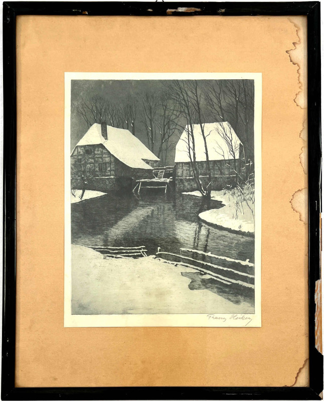 Original Aquatinta-Radierung "Mühle im Schnee" 1908 von Franz Hecker (1870 Berse...