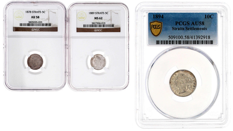 3 Silbermünzen: 5 Cents 1878 (NGC AU 58), 1889 (NGC MS 62) und 10 Cents 1894 (PC...