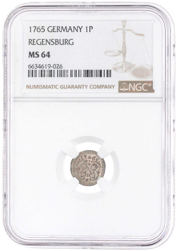 Pfennig 1765. Im NGC-Blister mit Grading MS 64 (bisher wurde erst 1 Ex. höher ge...