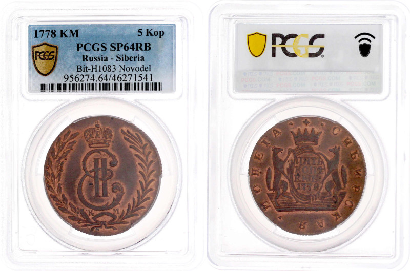 5 Kopeken 1778 KM, für Sibirien. Im PCGS-Blister mit Grading SP 64 RB (Top Pop, ...