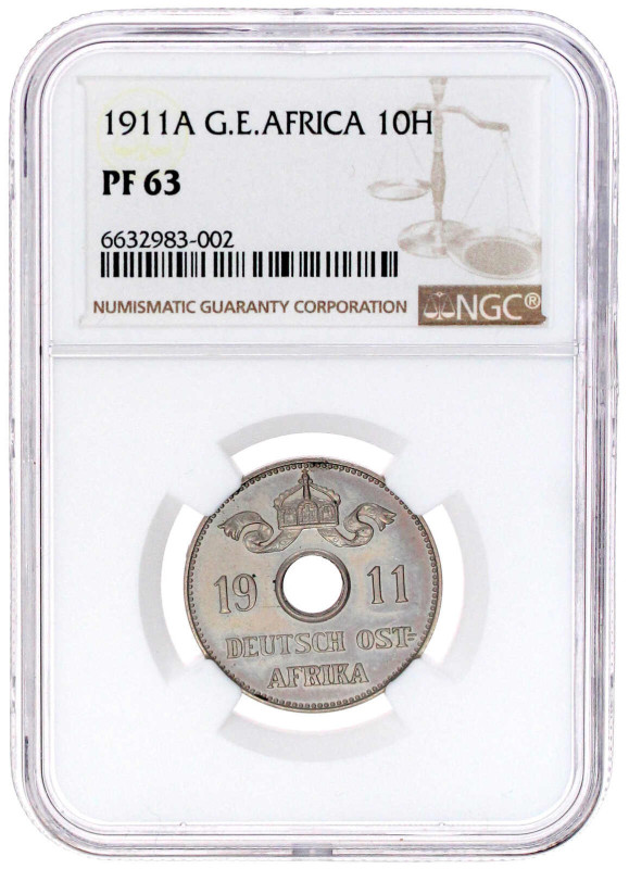 10 Heller 1911 A, Lochgeld. Im NGC-Blister mit Grading PF 63. Polierte Platte, m...