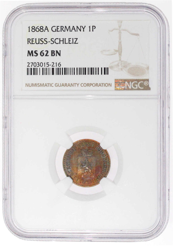 Pfennig 1868 A. Im NGC-Blister mit Grading MS 62 BN (bisher wurden erst 2 Ex. hö...