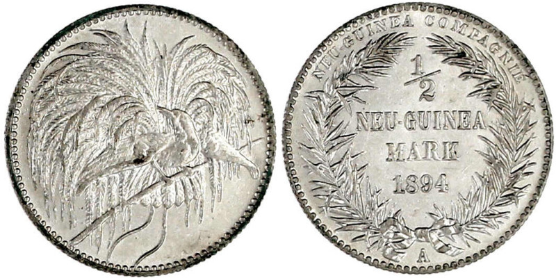 1/2 Neuguinea-Mark 1894 A, Paradiesvogel. vorzüglich, etw. berieben. Jaeger 704....