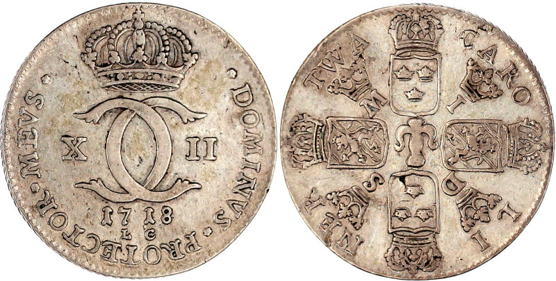 2 Caroliner/1 Daler Silvermynt 1718, Stockholm. gutes sehr schön, selten. SM 143...