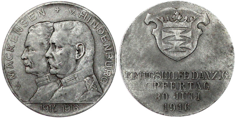 Zinkmedaille 1916. Kriegshilfe Danzig Opfertag. 33 mm. vorzüglich