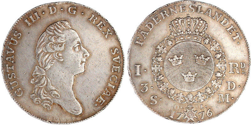 Riksdaler 1776 OL, Stockholm. Mit Randschrift. 29,19 g. gutes sehr schön, kl. Ra...