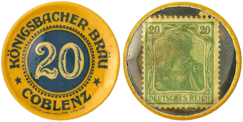 Kapsel mit 20 (Pfg.) grün o.J. KÖNIGSBACHER-BRÄU. Germania. MUG blau. 33 mm. seh...