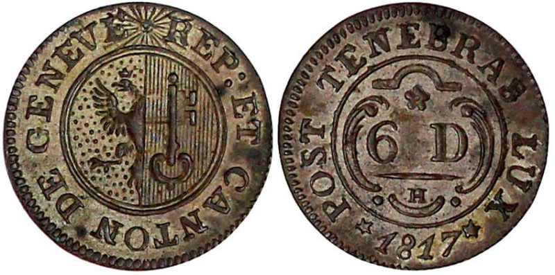 6 Deniers 1817. vorzüglich/Stempelglanz, schöne Patina. Divo/Tobler 2-360a.