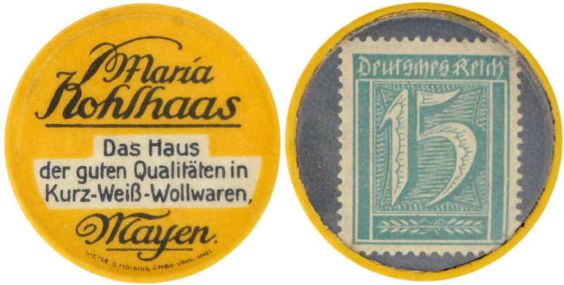 Briefmarkenkapselgeld Maria Kohlhaas, Das Haus der guten Qualtäten... o.J. Plast...