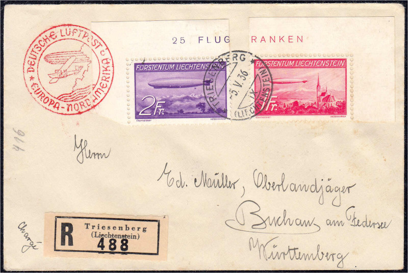 1 Fr. - 2 Fr. Zeppeline 1936, schöner Eckrandsatz mit Ersttagsentwertung ,,5.V.3...