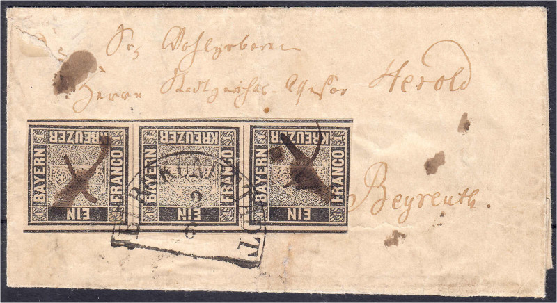 1 Kr. ,,Schwarzer Einser" 1849, schwarz, Platte 1, senkrechter Dreierstreifen, l...