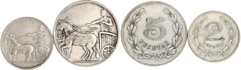 2 Stück: 2 und 5 Pesetas Casinotokens o.J. Streitwagen. CuNi, 26 und 34 mm. beid...