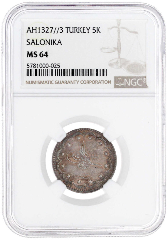 5 Kurush AH 1327, Jahr 3 = 1911, Münzbesuch in Salonikia. Im NGC-Blister mit Gra...