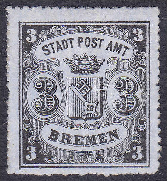 3 Gr. Staatswappen im Wappenschild unter Krone 1864, schwarz auf blaugrau, senkr...