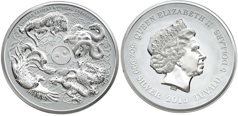 5 Dollars (5 Unzen) Fein-Silbermünze 2015. Chinesische Fabelwesen. Im Originalet...