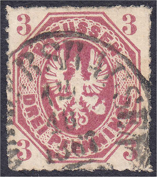 3 Pf. Freimarke (Preußischer Adler im Achteck) 1865, rotviolett, dunkelpupur (Fa...