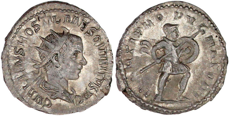 Antoninian 250/251. Drap. Brb. mit Strahlenbinde r./MARTI PROPVGNATORI. Mars r. ...