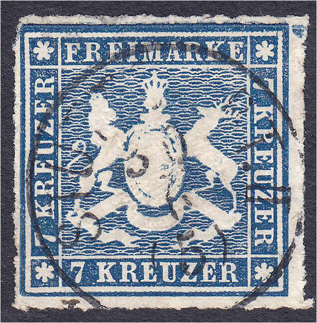 7 Kreuzer Freimarke (Wappen von Württemberg) 1868, zentrisch gestempelt in Luxus...