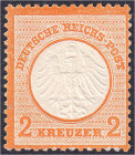 2 Kr. kleiner Brustschild 1872, tadellos in postfrischer Luxuserhaltung, tiefst geprüft Pfenninger. Michel 15.