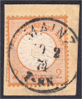 2 Kr. großer Brustschild 1872, orange, entwertet (NDP-) Einkreisstempel ,,MAINZ (?) 2 74 7-8N", sauber auf Postkartenausschnitt, farbfrisch, gut geprä...