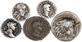 5 Münzen: donaukeltische Tetradrachme Imitation Philipp III. von Makedonien, Denar der Röm. Rep., Denare Domitian und Trajan, Antoninian des Caracalla...