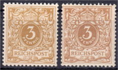 3 Pf. Krone/Adler 1889, zwei Werte in postfrischer Erhaltung, Farbe ,,ca" und ,,cb", geprüft Wiegend BPP und Zenker BPP. Mi. 300,-€. Michel 45-50.