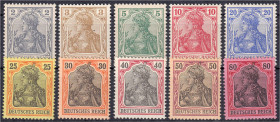 2 Pf. - 80 Pf. Germania II 1902, kompletter Satz in postfrischer Luxuserhaltung, ohne Wasserzeichen, unsigniert. Mi. 2.500,-€. Michel 68-77.