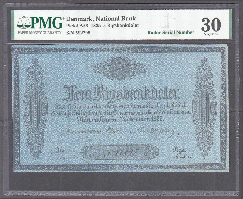 5 Rigsbankdaler 1835. PMG Grading 30 Very Fine TOP POP. Pick A58.