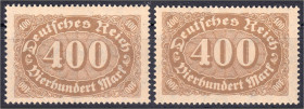 400 M. Ziffern im Queroval 1922 postfrische Luxuserhaltung, Farbe ,,b" und ,,c" je tiefst geprüft Oechsner BPP. Michel 222 b, d.