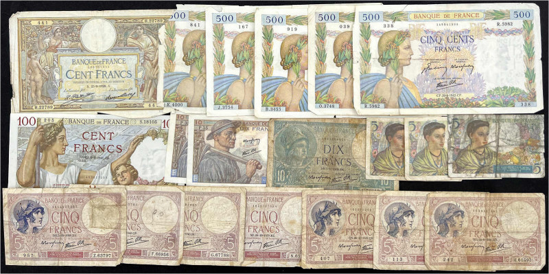 20 Scheine aus dem Zeitraum 1939 bis 1943. 5 bis 500 Francs. U.a. 100 Francs "Su...