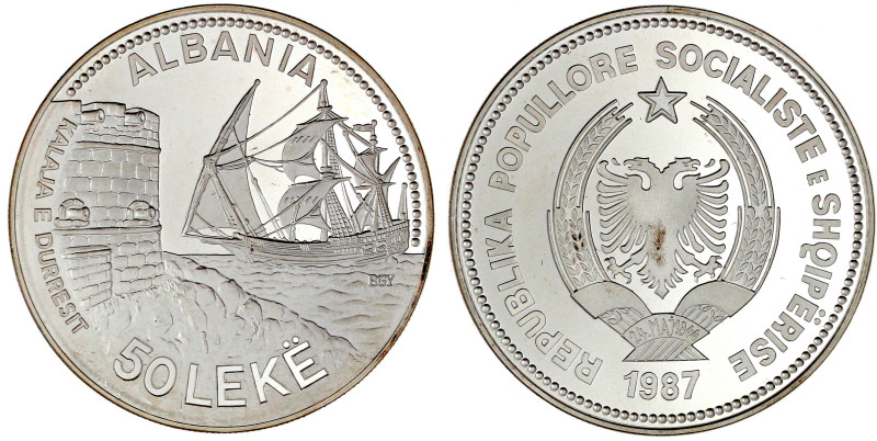 50 Leke, 5 Unzen Silber 1987. Hafen von Durazzo. Ohne Kapsel. Polierte Platte. K...