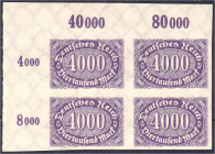 4000 M. Ziffern im Queroval 1922, ungezähnter Viererblock in postfrischer Erhaltung aus der linken oberen Bogenecke, tadellos. Mi. 600,-€. Michel 255 ...