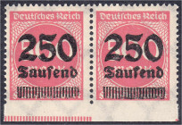 250 Tsd. auf 500 M. Freimarken 1923, waagerechtes Paar in postfrischer Erhaltung, unten ungezähnt, geprüft E. Peschl. Mi. 300,-€. Michel 295 Uu (2x)....