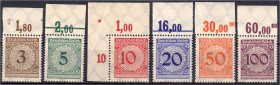 3 Pf. - 100 Pf. Freimarken (Wertziffern) 1923, kompletter Luxussatz vom Oberrand, ungefaltet, unsigniert. Mi. 360,-€. Michel 338 - 343 POR.