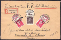 80 Pf. Dürer 1926, drei Oberrandstücke auf R-Brief entertet ,,BADEN-BADEN 31.7.33", zweimal 10 Pf. W OR und einmal 80 Pf. P OR, portogerecht. 2. Stufe...