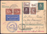 50 Pf. Bach und 80 Pf. Dürer 1926, zwei Oberrandstücke P OR und W OR auf Ganzsachenkarte mit zus. Paar 60 Pf. Stephan als Zeppelinkarte Amerikafahrt. ...